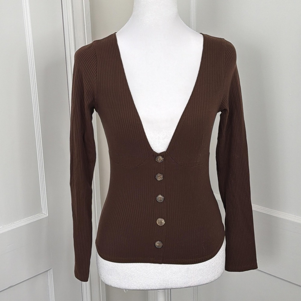 Reformation Top Womens‎ Small Brown Ribbed Deep V Neck Knit Stretch Quiet Luxury